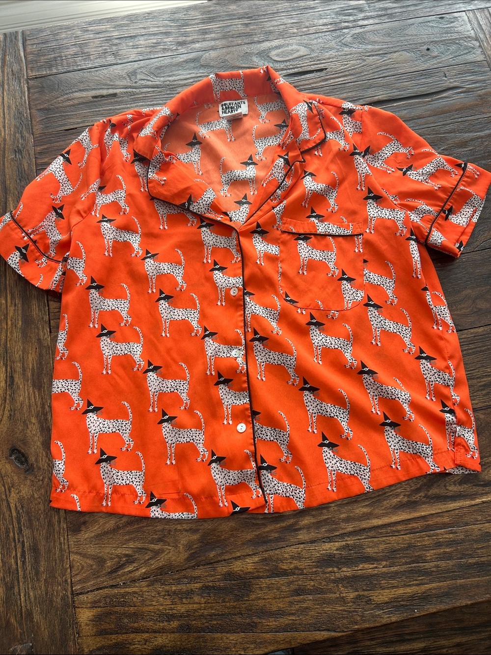 Orange Cat Print Button-Up Top